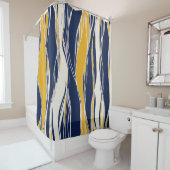 Elegant, modern, lijnen in marineblauw en geel douchegordijn (In situ)