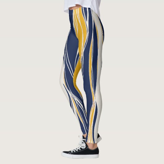 Elegant, modern, lijnen in marineblauw en geel leggings (Links)