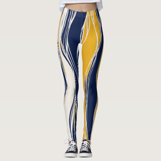 Elegant, modern, lijnen in marineblauw en geel leggings (Voorkant)