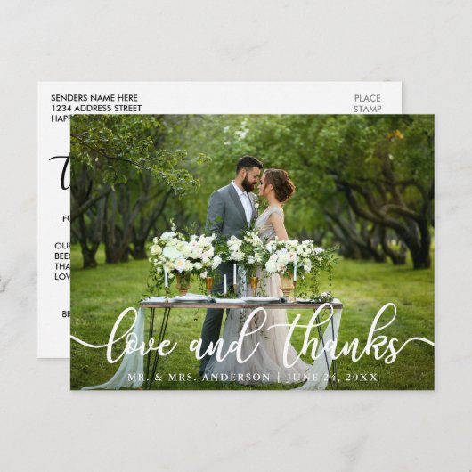 Elegant Modern Love and Bedankt | Weddenfoto Briefkaart (Voorkant / Achterkant)