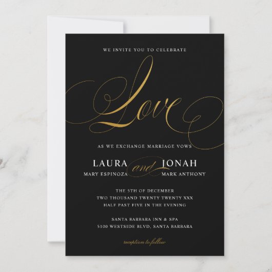 Elegant Modern Love Black Gold Wedding Invitation Kaart (Voorkant)