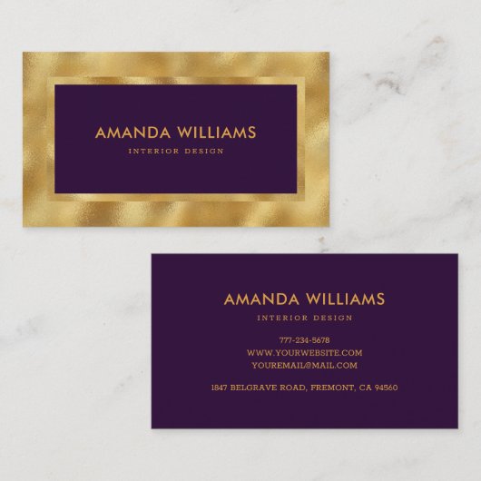 Elegant Modern Luxe Paarse en Faux Gold Foil Visitekaartje (Voorkant / Achterkant)