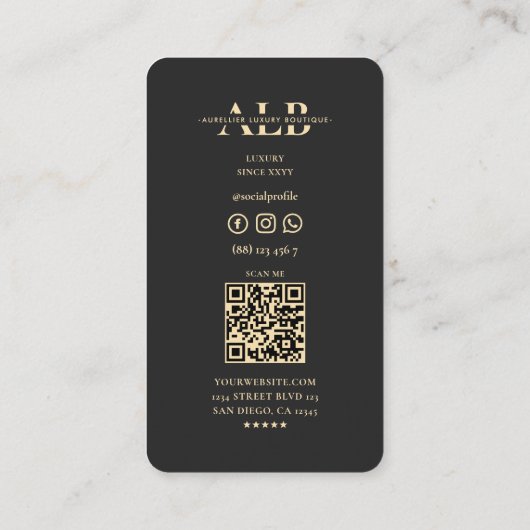 Elegant Modern Luxe Script Monogram Zwart Visitekaartje (Achterkant)