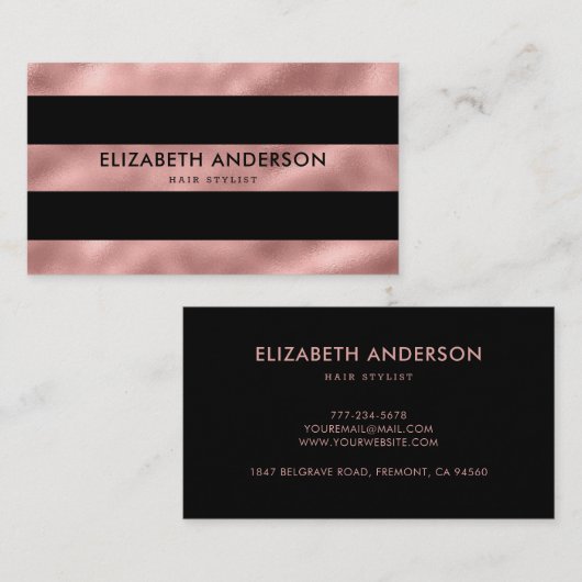 Elegant Modern Luxury Black en Roos Gold Striped Visitekaartje (Voorkant / Achterkant)