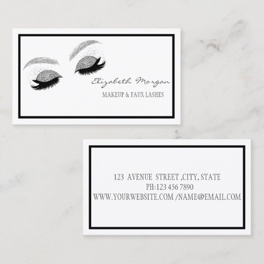 Elegant Modern Makeup, Silver Glitter Faux Lashes Visitekaartje (Voorkant / Achterkant)