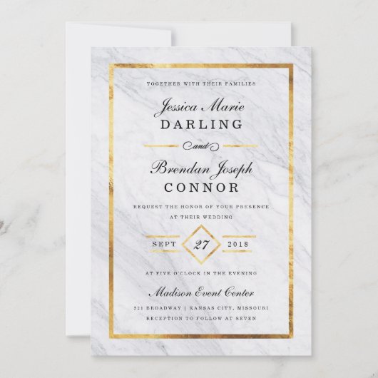 Elegant Modern Marble & Gold Wedding Invitations Kaart (Voorkant)