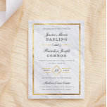 Elegant Modern Marble & Gold Wedding Invitations Kaart<br><div class="desc">Wedding requiations featuring accents in a vals gold foil effect, paired with classic black script and serif funts against an elegant white marble background. Perfect for traditional formal weddings, as well as sophisticated modern weddings. Bij slight hint of art deco, vintage Gatsby shows up in the diamond surrounding the wedding...</div>