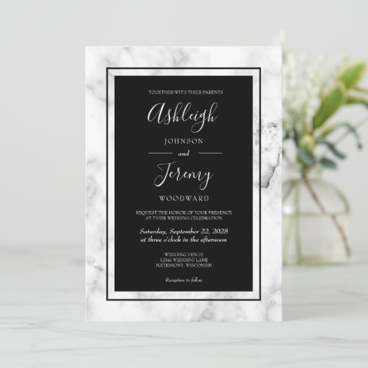 Elegant Modern Marble White Wedding Kaart (Staand voorkant)