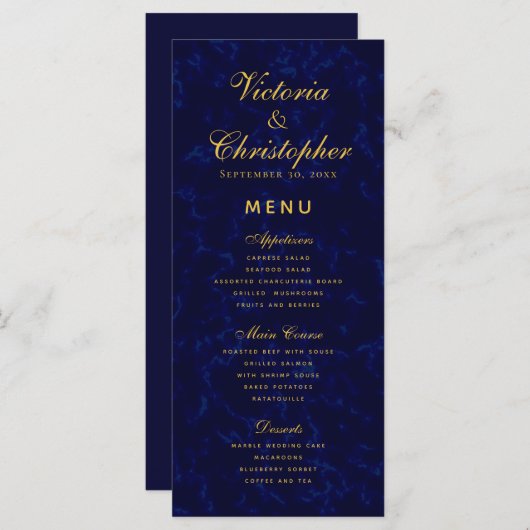 Elegant Modern Marine Blauw Bruiloft Diner Menu (Voorkant / Achterkant)