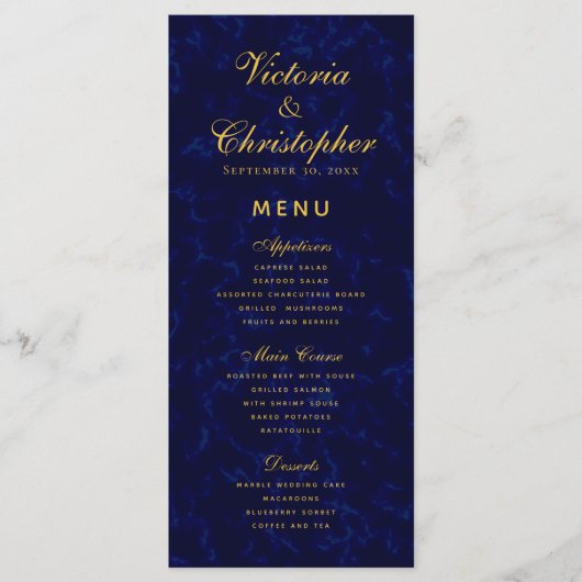 Elegant Modern Marine Blauw Bruiloft Diner Menu (Voorkant)