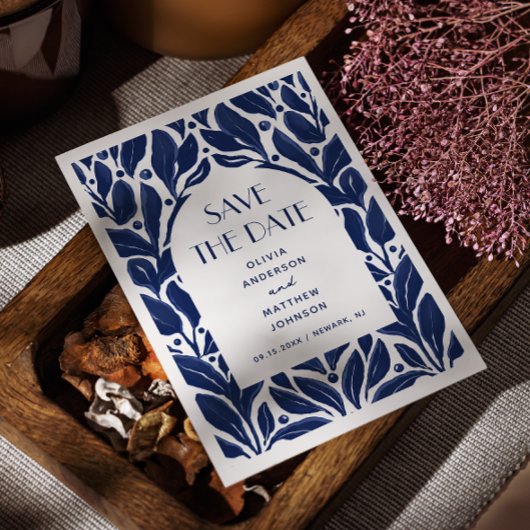 Elegant modern marineblauw bloemenboogpatroon save the date