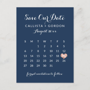 Elegant modern marineblauw Roos Gold Heart Calenda Aankondigingskaart