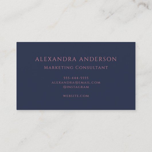 Elegant modern marineblauw roze minimalistisch mon visitekaartje (Achterkant)