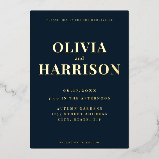 Elegant modern marinegoud blauw goud in één huweli folie uitnodiging (Voorkant)