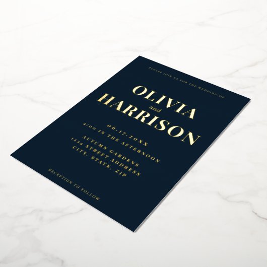 Elegant modern marinegoud blauw goud in één huweli folie uitnodiging (Gedraaid)