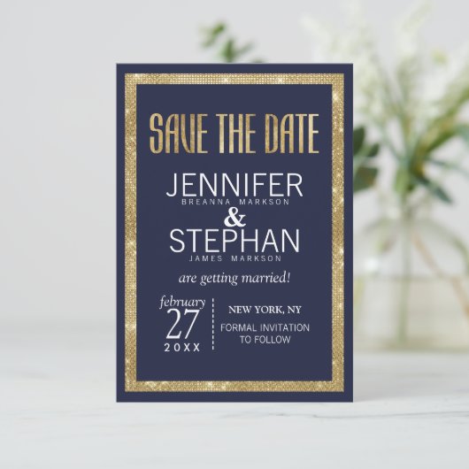 Elegant modern marinesequin Blue Gold Sequin Save Save The Date (Staand voorkant)