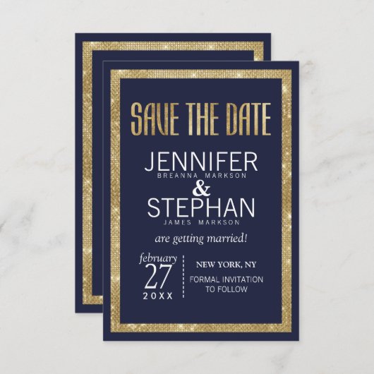 Elegant modern marinesequin Blue Gold Sequin Save Save The Date (Voorkant / Achterkant)