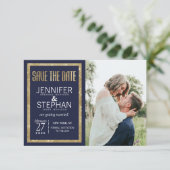 Elegant modern marinesequin Blue Gold Sequin Save  Save The Date (Staand voorkant)