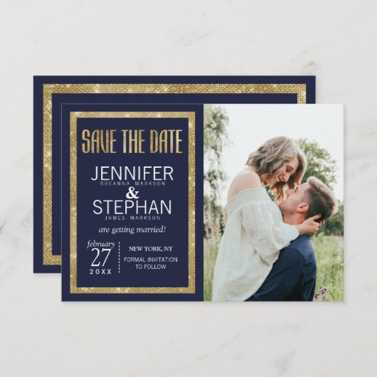 Elegant modern marinesequin Blue Gold Sequin Save Save The Date (Voorkant / Achterkant)