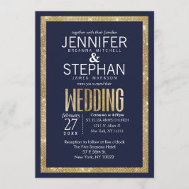 Elegant modern marinesultaat Blue Gold Sequin Wedd Kaart