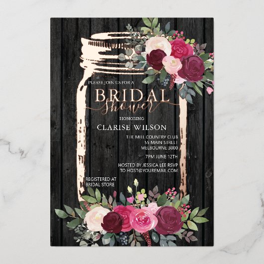 Elegant Modern Mason Jar Vrijgezellenfeest Folie Uitnodiging (Voorkant)