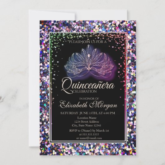 Elegant Modern Masque, Diamonds Sequins Quinceaner Kaart (Voorkant)