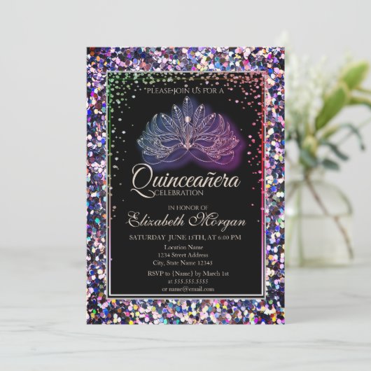 Elegant Modern Masque, Diamonds Sequins Quinceaner Kaart (Staand voorkant)
