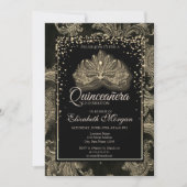 Elegant Modern Masque Floral Damask Quinceanera Kaart (Voorkant)
