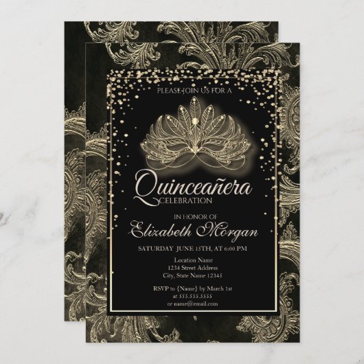 Elegant Modern Masque Floral Damask Quinceanera Kaart (Voorkant / Achterkant)