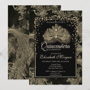 Elegant Modern Masque Floral Damask Quinceanera Kaart