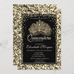 Elegant Modern Masque Gold Sequins Quinceanera Kaart