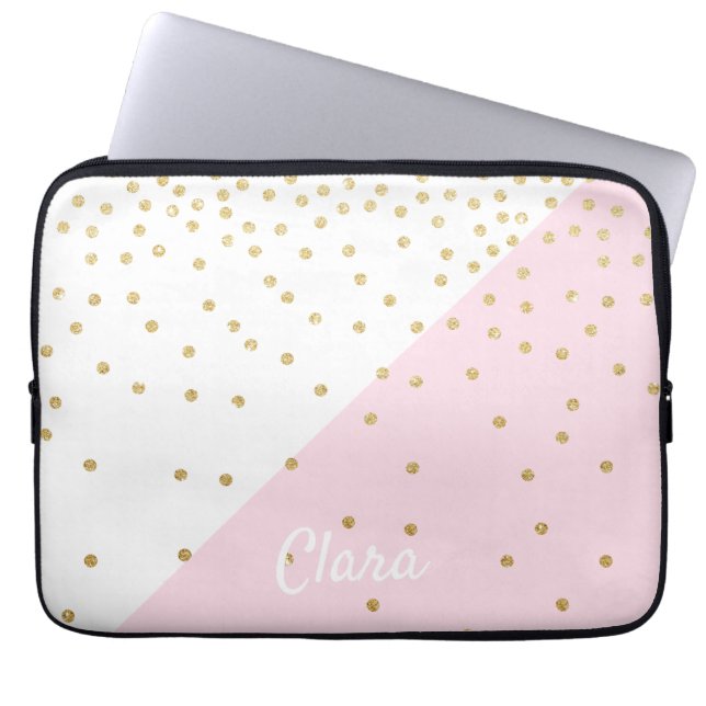 Elegant modern meisje met goudglitter confetti laptop sleeve (Voorkant)