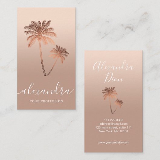 Elegant modern minimaal roos goud en koperpalmen visitekaartje (Voorkant / Achterkant)