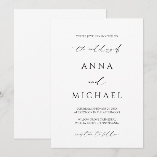 Elegant Modern Minimalist Black and White Wedding Kaart (Voorkant / Achterkant)