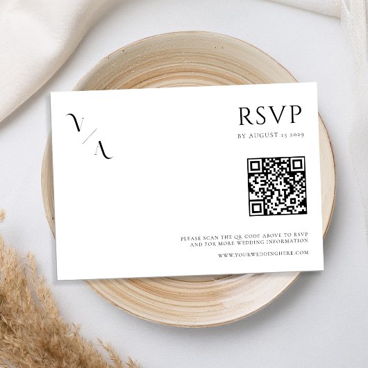 Elegant Modern Minimalist Black and White Wedding RSVP Kaartje