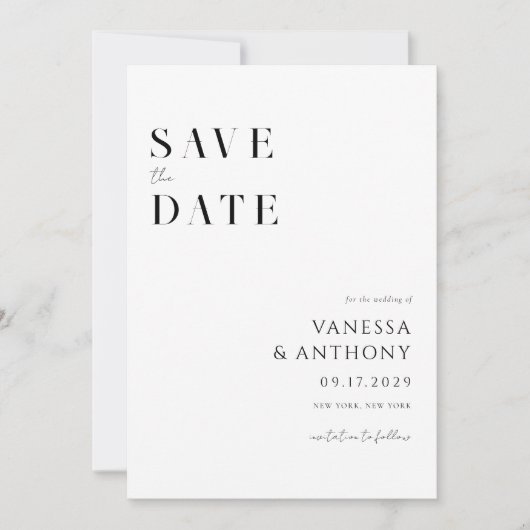 Elegant Modern Minimalist Black and White Wedding Save The Date (Voorkant)