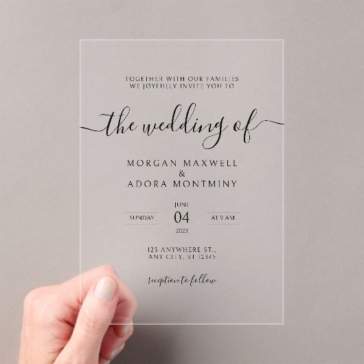 Elegant Modern Minimalist Black Wedding Acryl Uitnodigingen (Insitu (Draagbaar))