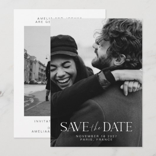 Elegant Modern Minimalist Calligraphy Couple Foto Save The Date (Voorkant / Achterkant)