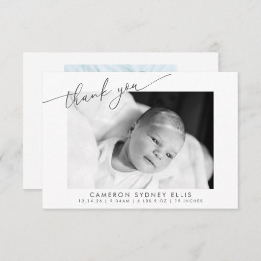 Elegant Modern Minimalist Script Baby Foto geboort Bedankkaart (Voorkant / Achterkant)