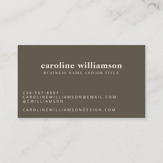 Elegant modern minimalistisch aardeolive visitekaartje (Achterkant)