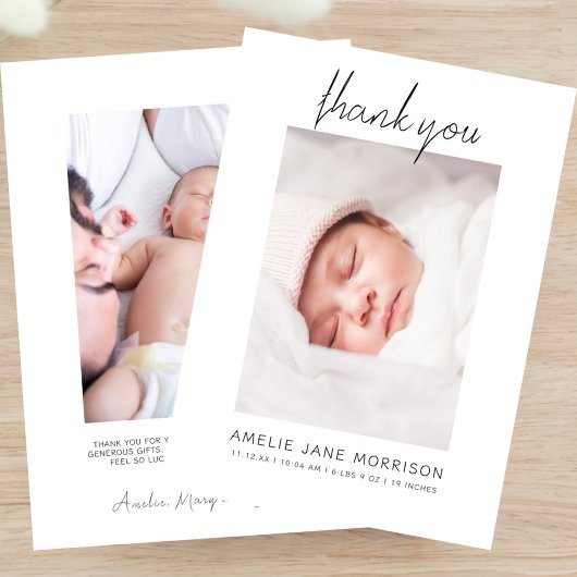 Elegant Modern Minimalistisch Script Baby Foto's G Bedankkaart