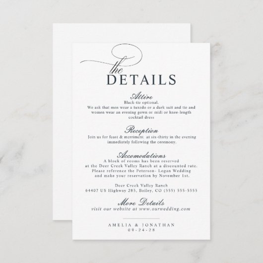 Elegant modern minimalistisch script bruiloft deta informatiekaartje (Voorkant / Achterkant)