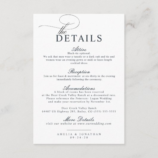 Elegant modern minimalistisch script bruiloft deta informatiekaartje (Voorkant)