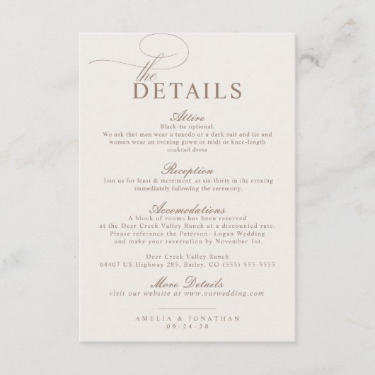 Elegant modern minimalistisch script bruiloft deta informatiekaartje (Voorkant)