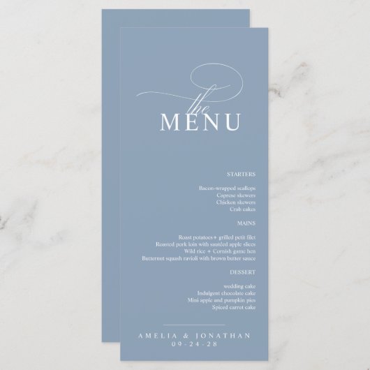 Elegant modern minimalistisch script bruiloft menu (Voorkant / Achterkant)
