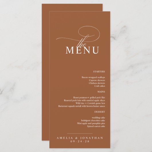 Elegant modern minimalistisch script bruiloft menu (Voorkant / Achterkant)