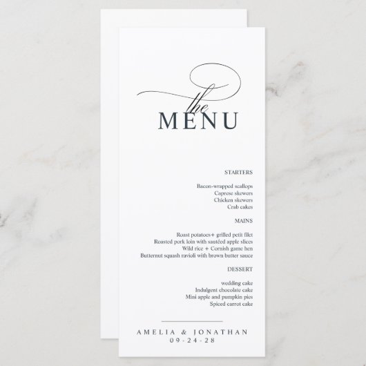 Elegant modern minimalistisch script bruiloft menu (Voorkant / Achterkant)