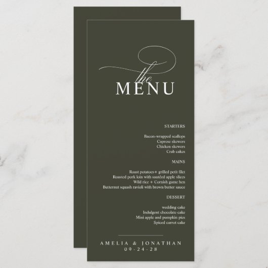 Elegant modern minimalistisch script bruiloft menu (Voorkant / Achterkant)