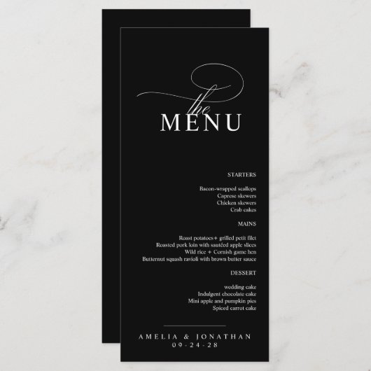 Elegant modern minimalistisch script bruiloft menu (Voorkant / Achterkant)