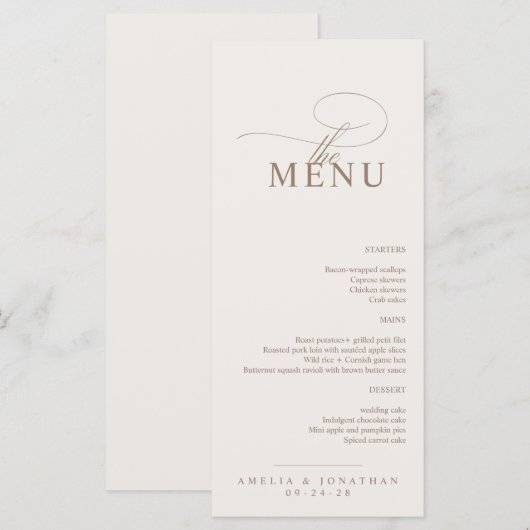 Elegant modern minimalistisch script bruiloft menu (Voorkant / Achterkant)